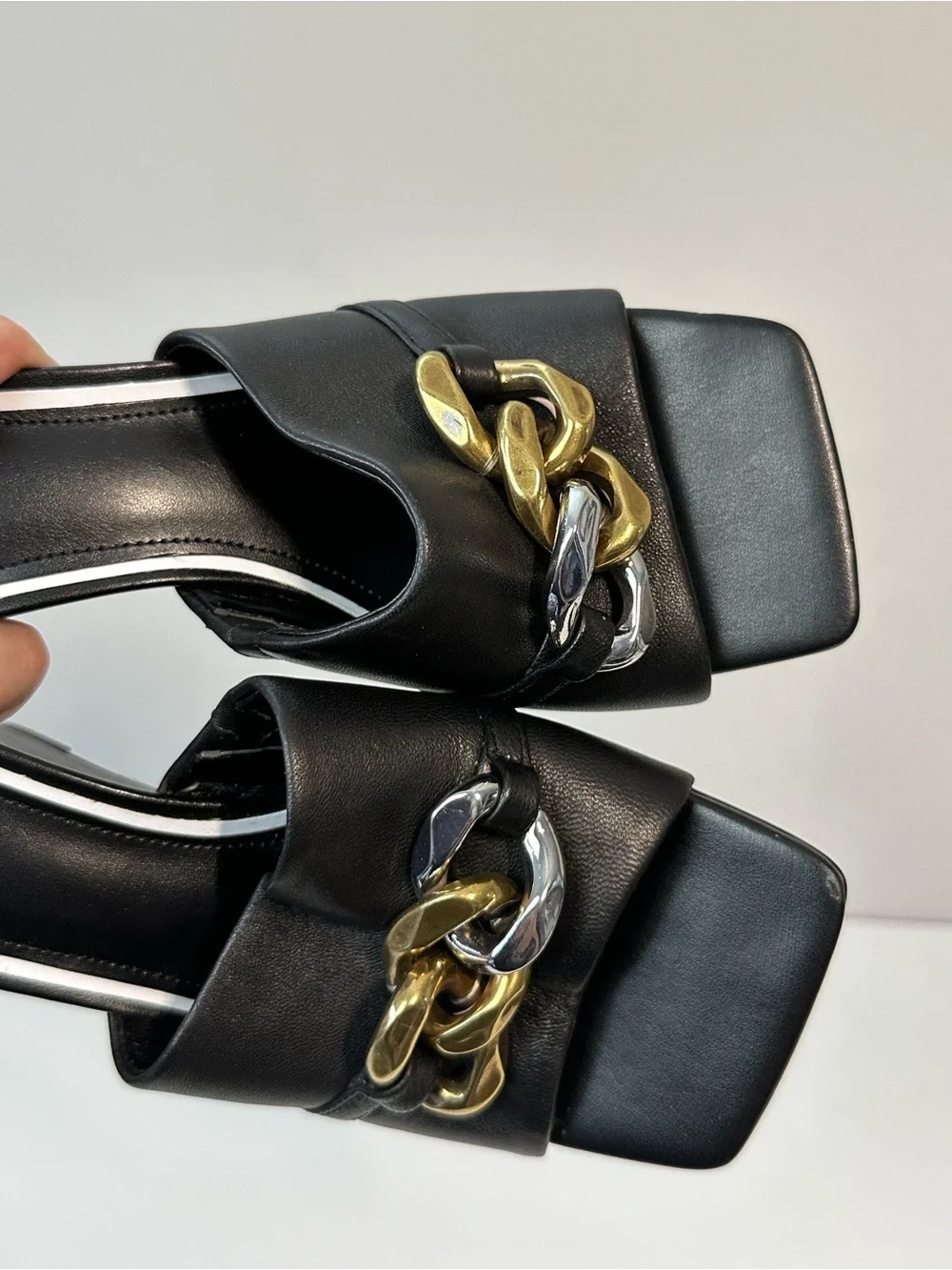 WHBM Black Wedges with Chain Accents Size 7.5 Square Toe Contemporary